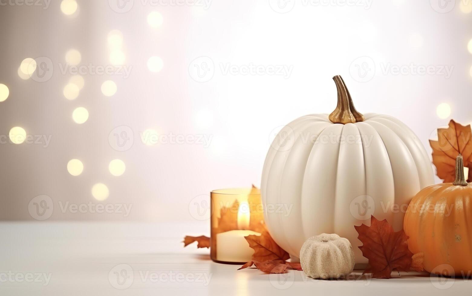 Autumn decorative pumpkin with candles and maple leaves on blurred bokeh lights white background with copy space. Wooden table. Halloween concept. Happy Thanksgiving. photo