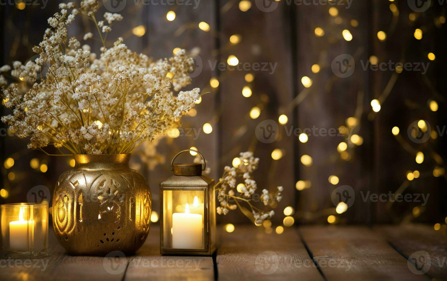 vintage vase with wild white flowers, lantern and candle on wooden table. Blurred bokeh lights background with garlands. Copy space. AI Generative photo