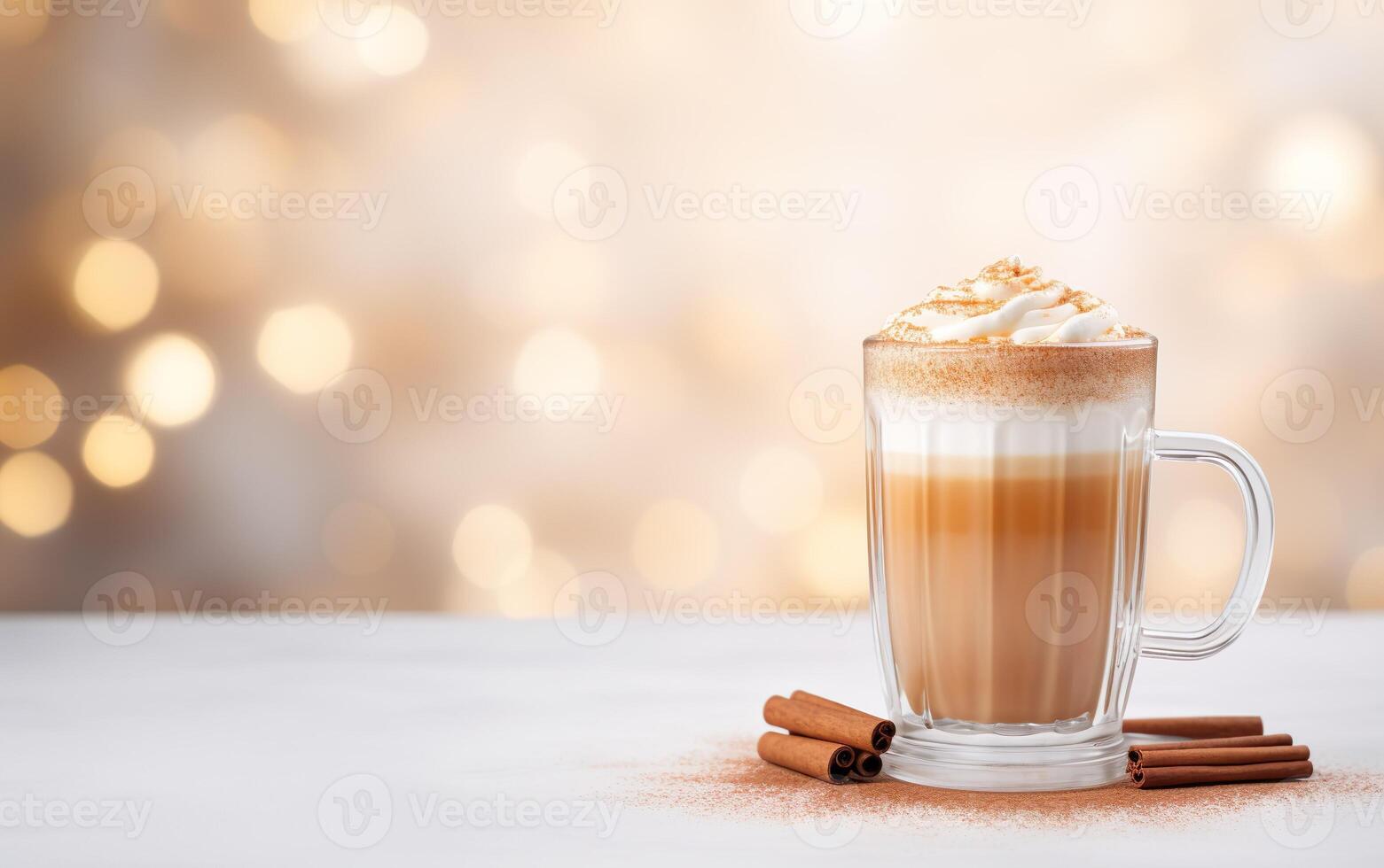 cup of latte with cinnamon and whipped cream, blurred, sparkling background with beautiful bokeh, light orange gold, festive atmosphere. photo