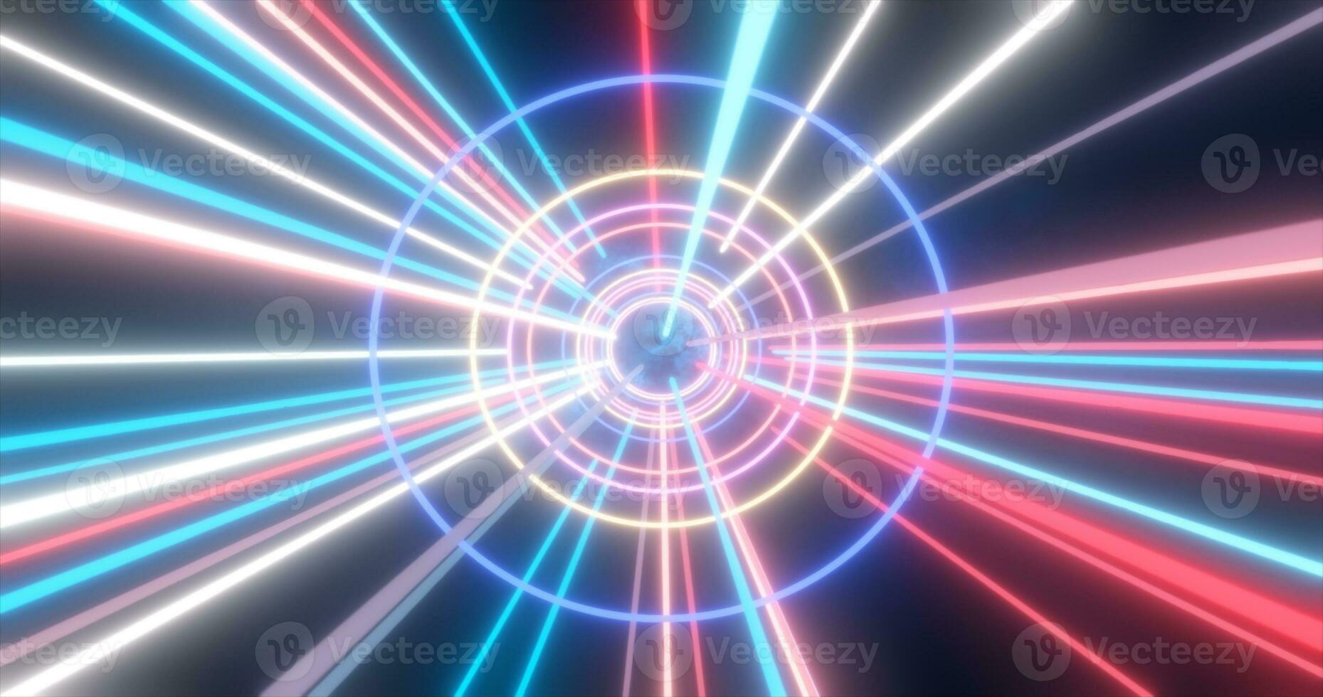 Abstract multi-colored energy futuristic hi-tech tunnel of flying circles and lines neon magic glowing background photo