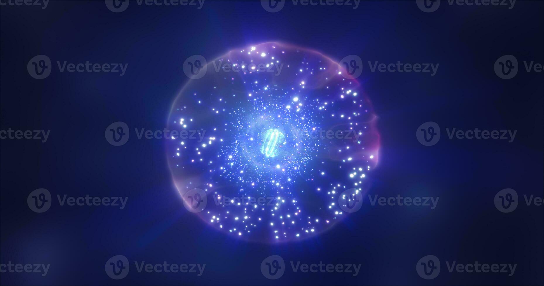 Abstract blue energy sphere with flying glowing bright particles, science futuristic atom with electrons hi-tech background photo