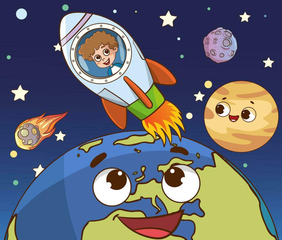 Astronaut kids on the planet. Vector illustration of a cartoon