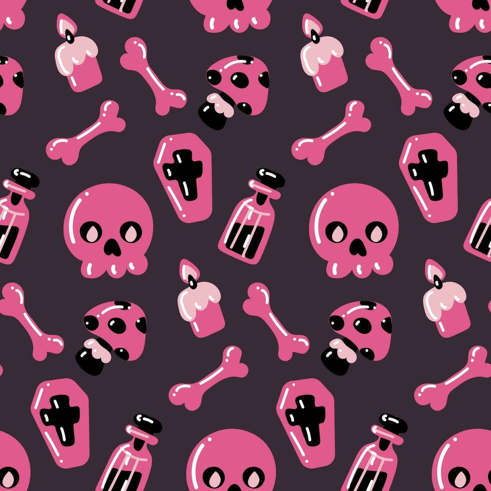 Seamless pattern of skull, coffin, bones, candles, poison, Amanita in pink and black colors on a gray background. Vector festive illustration in cartoon style for children on Halloween. Parti packages