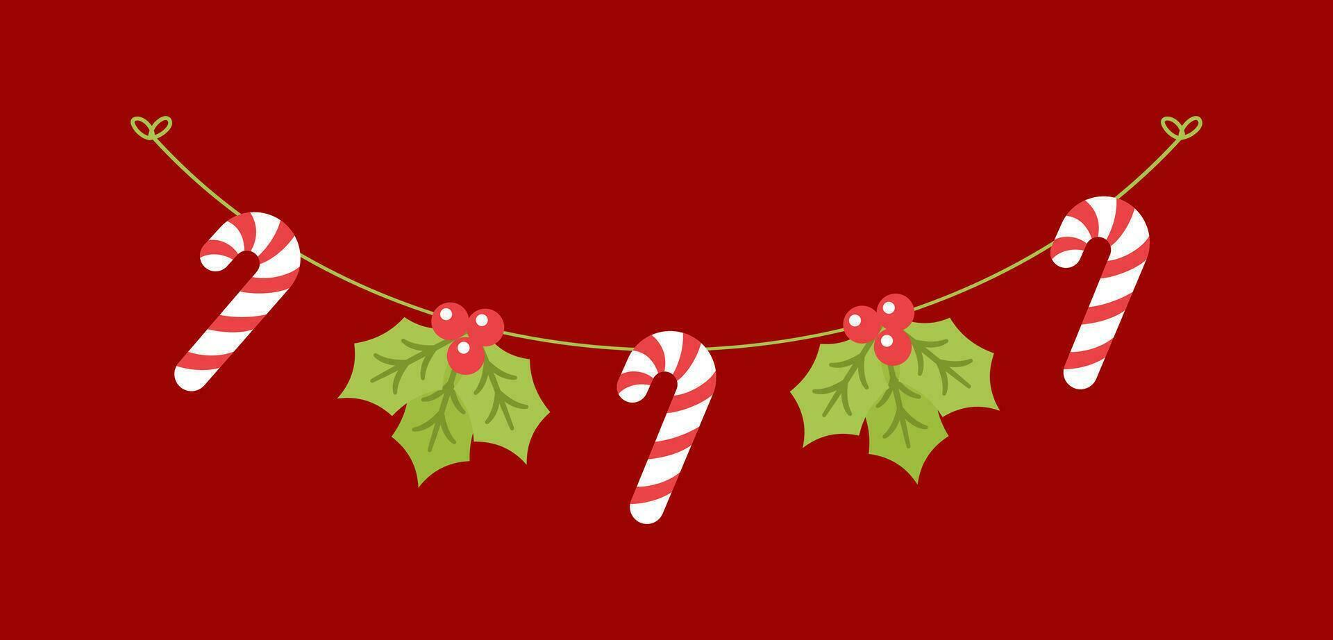 muérdago y caramelo caña guirnalda vector ilustración, Navidad gráficos festivo invierno fiesta temporada verderón