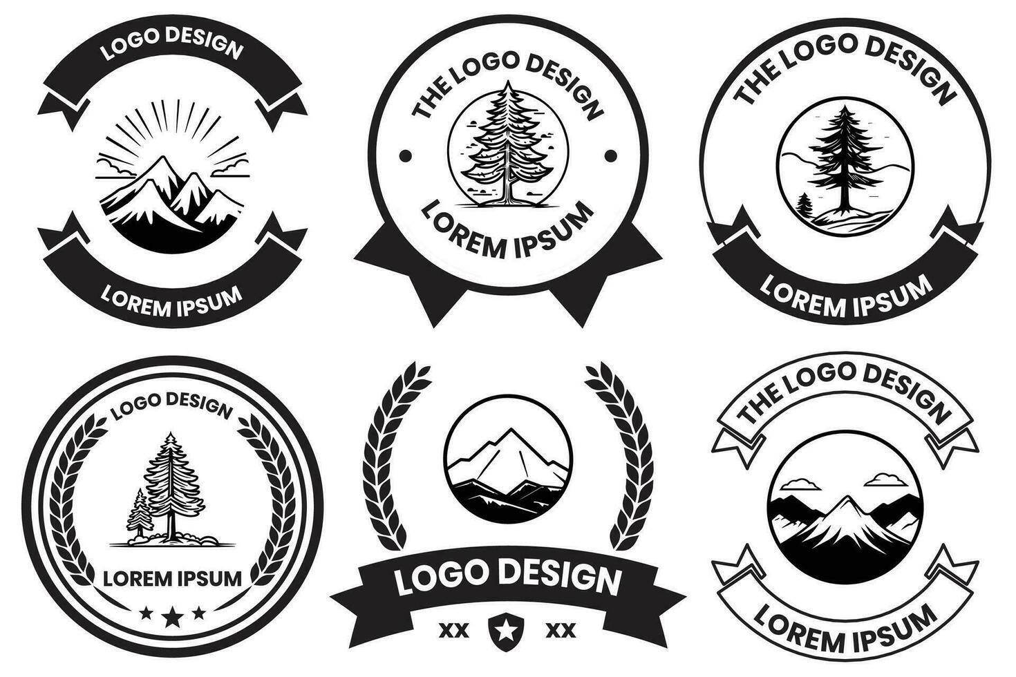 Pine and mountain logo in flat line art style vector