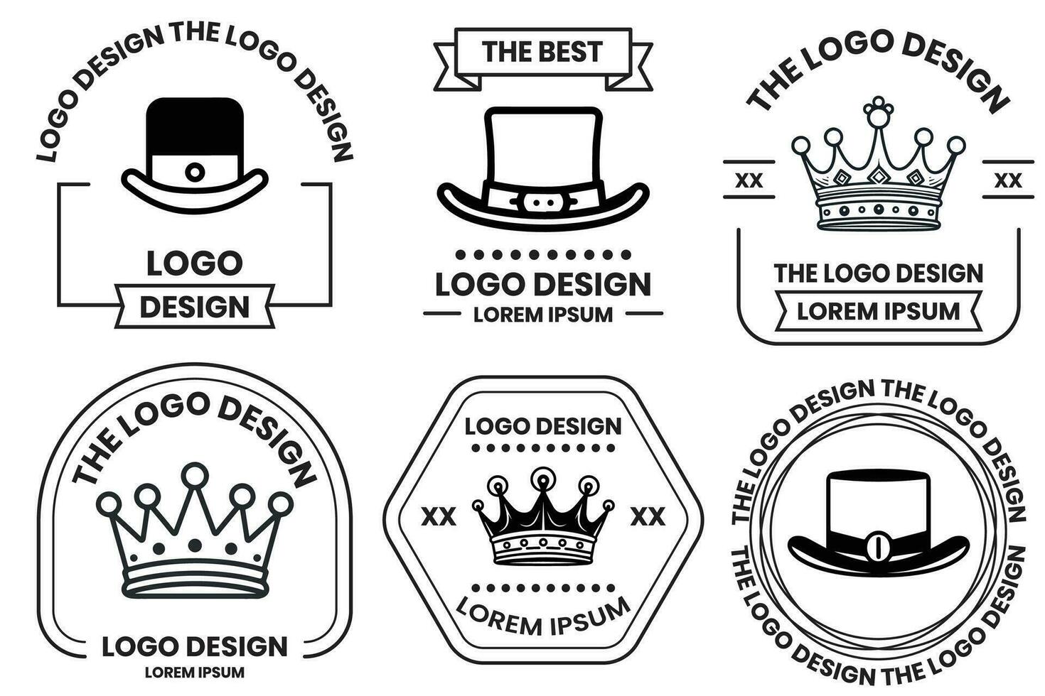 sombrero y corona logo en plano línea Arte estilo vector
