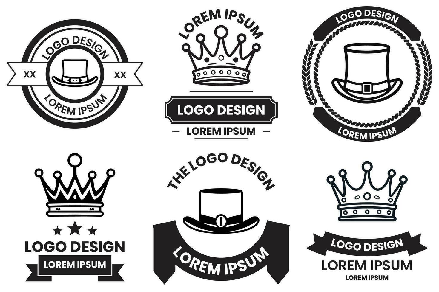 sombrero y corona logo en plano línea Arte estilo vector