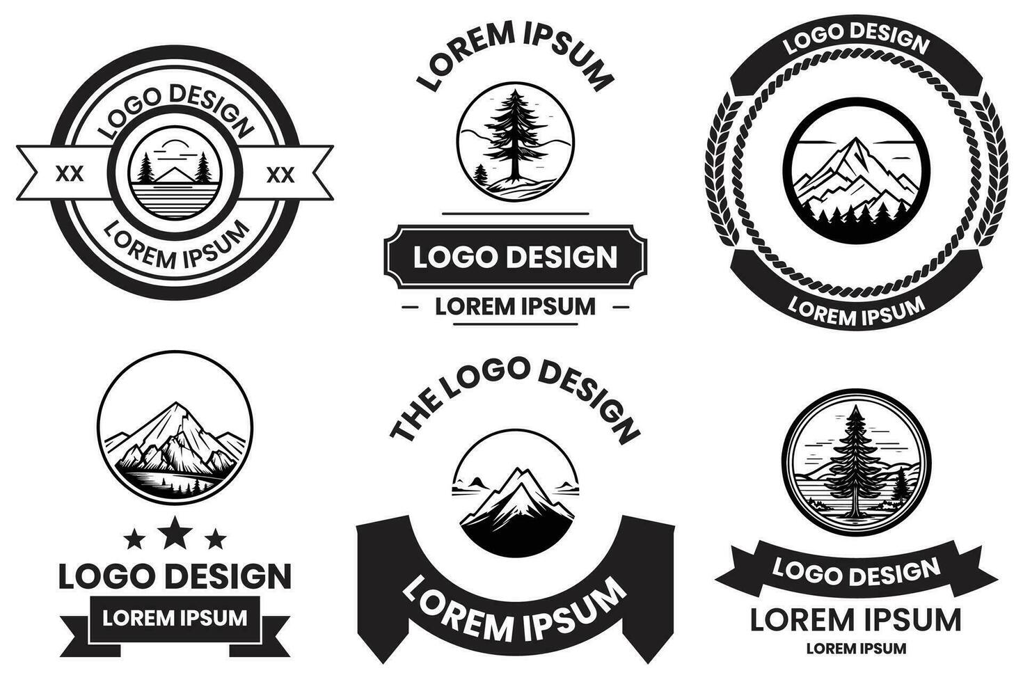 Pine and mountain logo in flat line art style vector