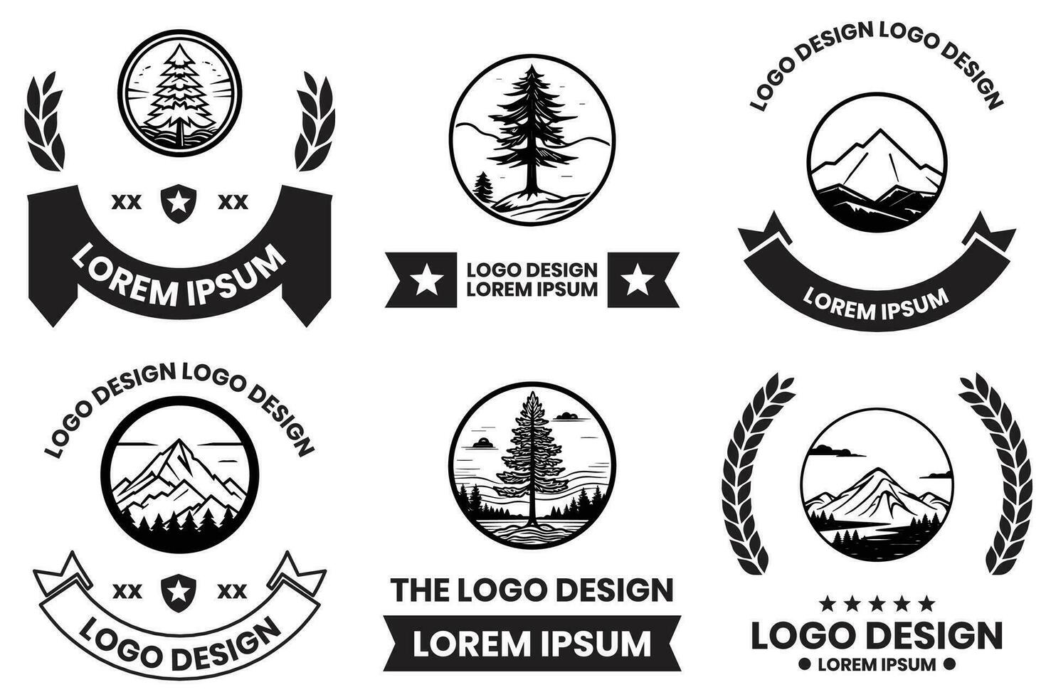 Pine and mountain logo in flat line art style vector