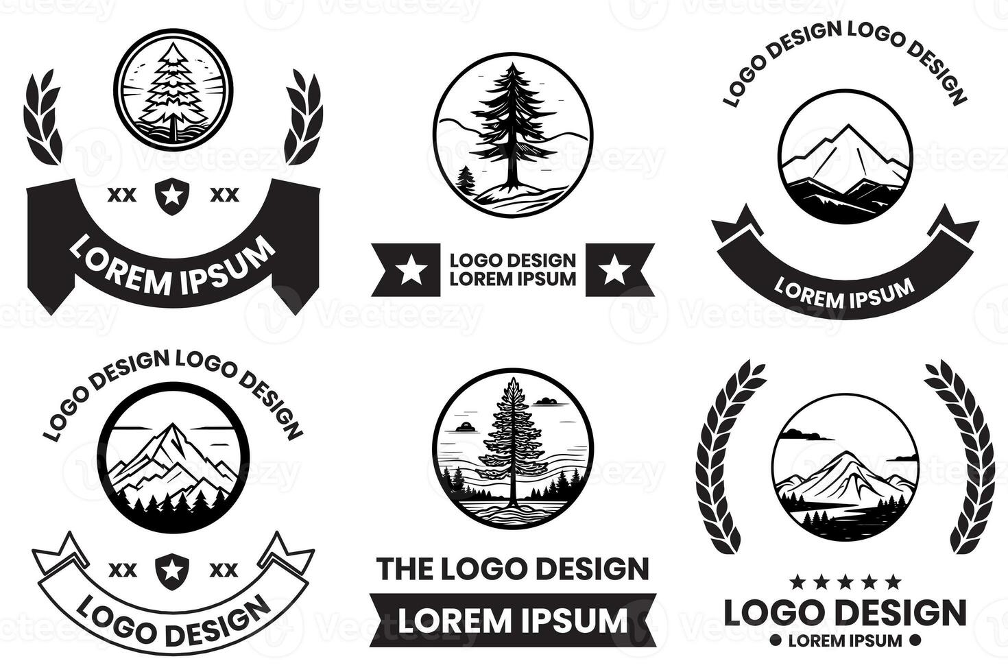 Pine and mountain logo in flat line art style photo