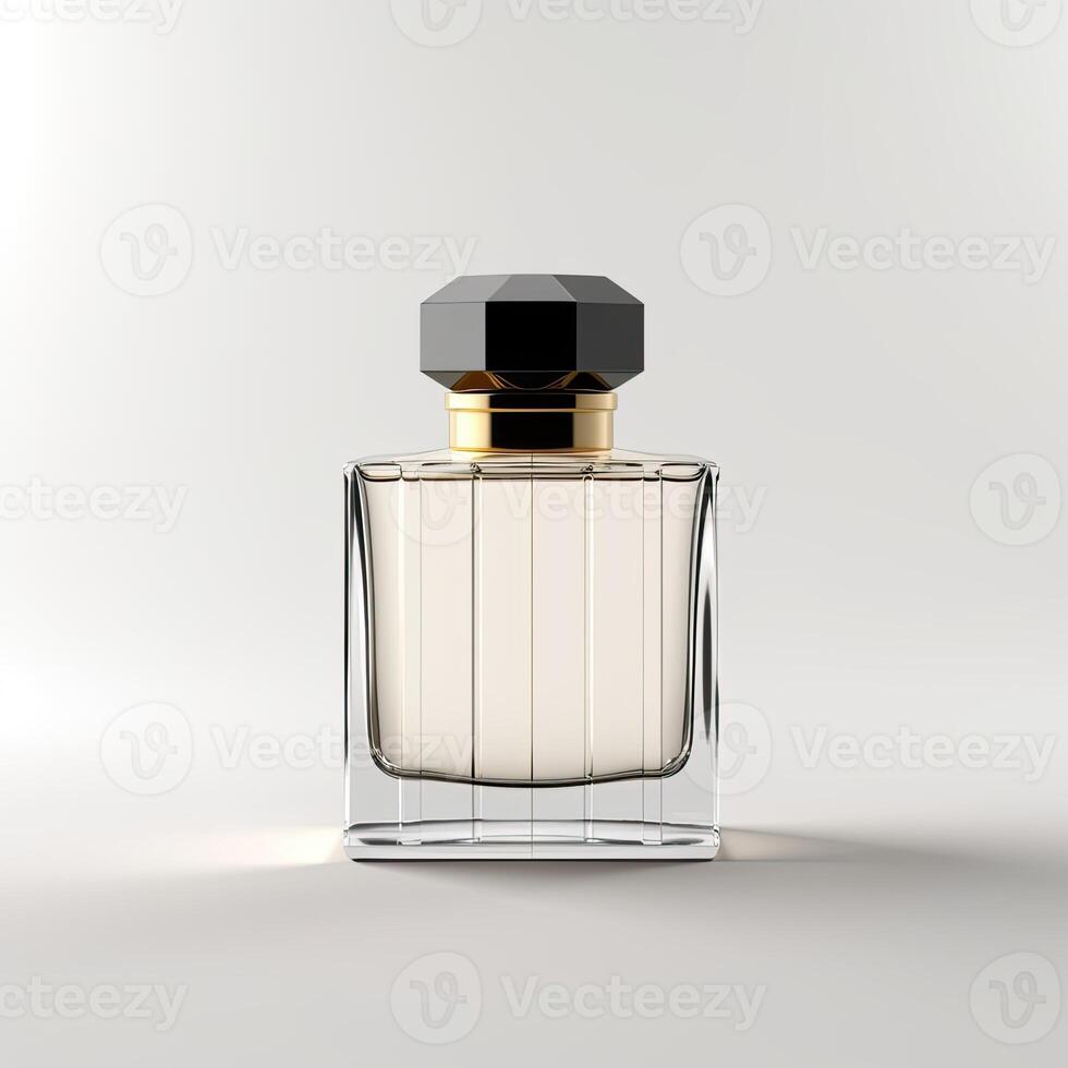 a bottle of perfume with black top on white background photo