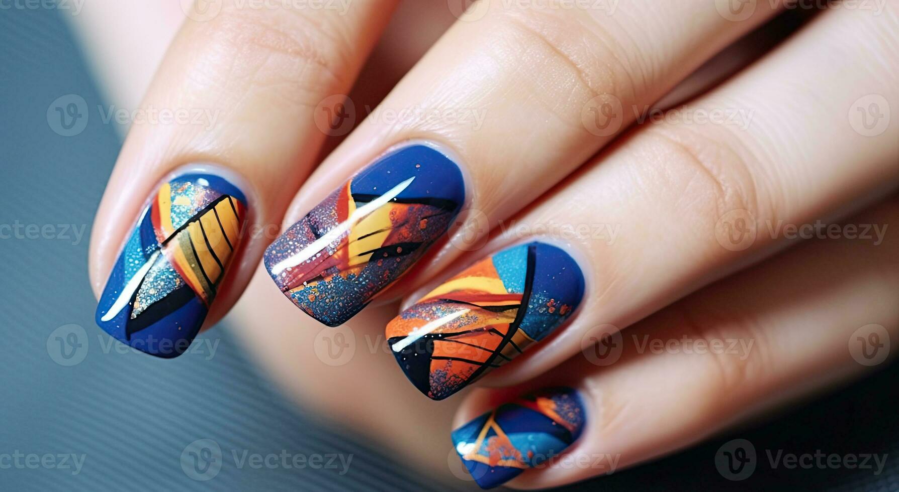 a woman with colourful manicure design on it's nails AI Generative photo