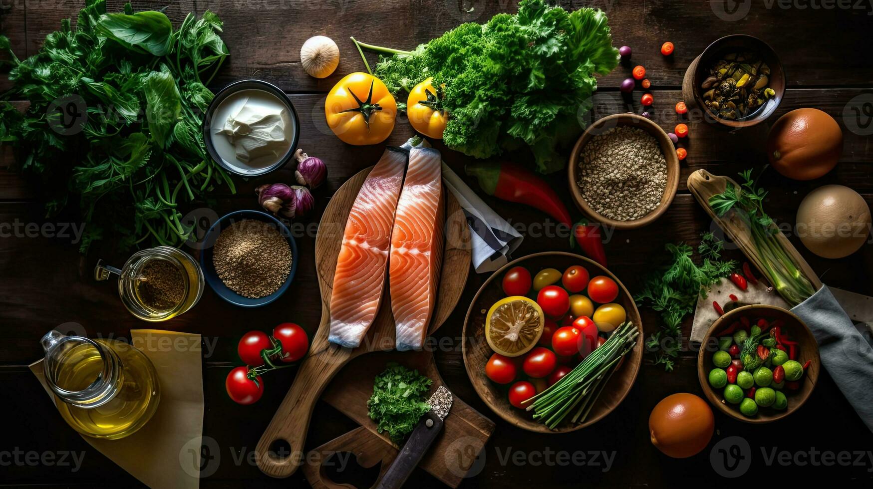 a table topped with bowls of food and vegetables AI Generative photo