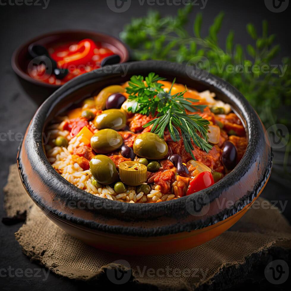 a bowl of food with olives and rice photo