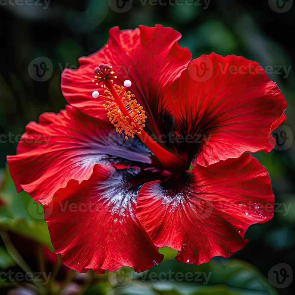 A red hibiscus flower with a green stem photo