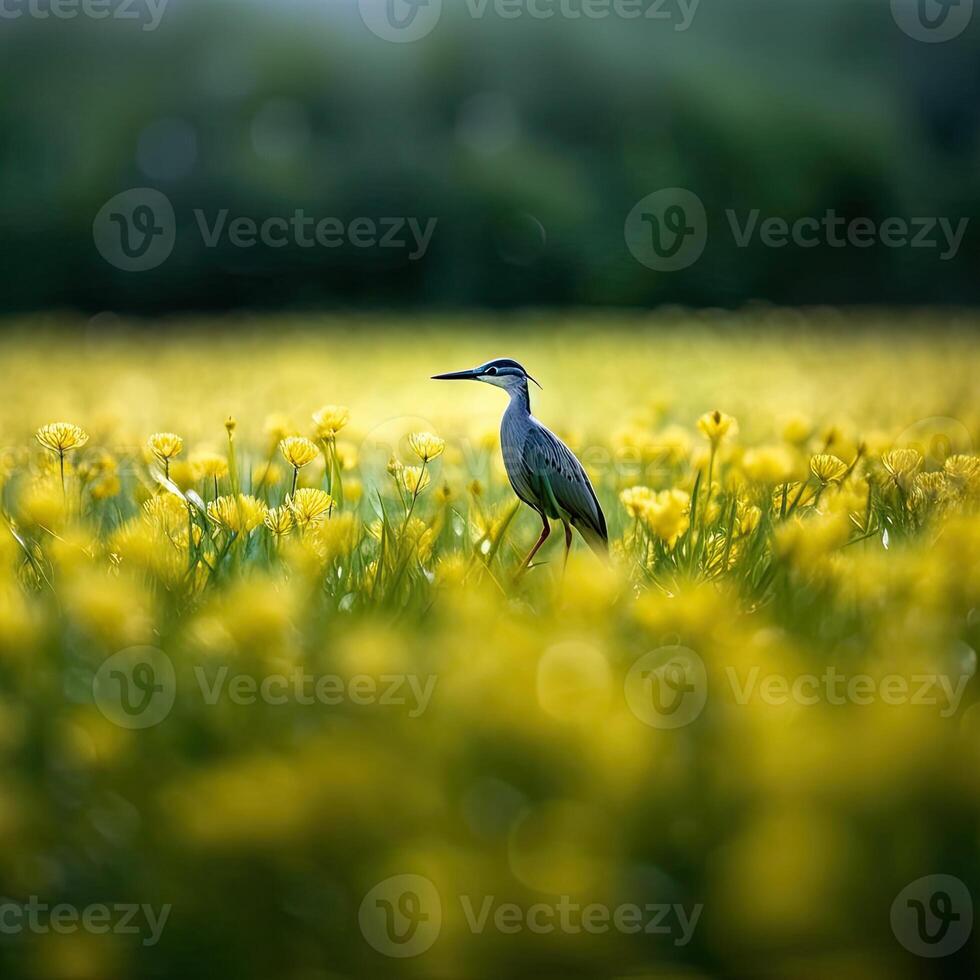a bird standing in field of yellow flowers photo