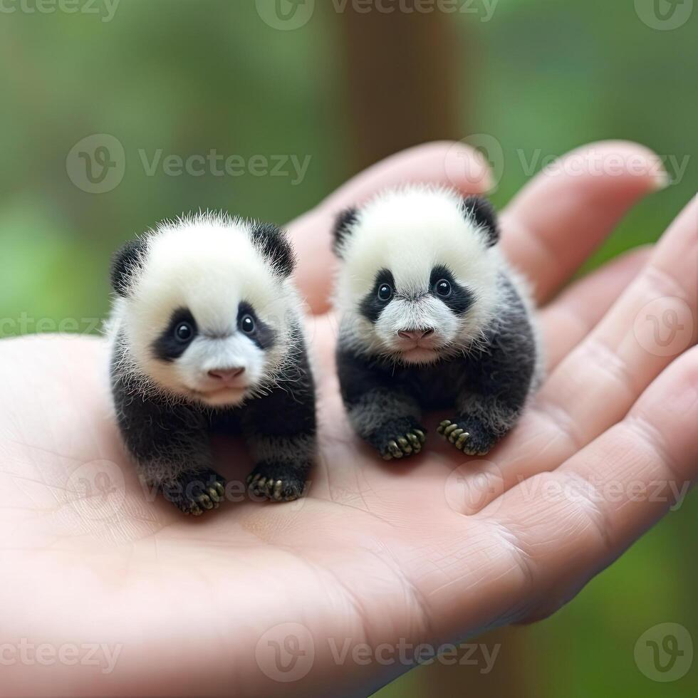 two tiny panda bears sitting on a persons hand photo
