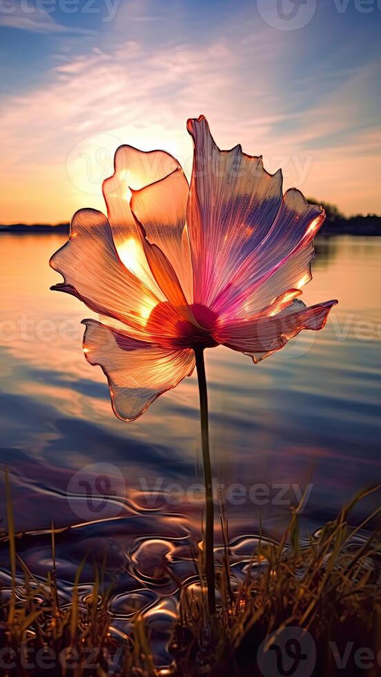 a flower that is sitting in the grass near water at sunset photo