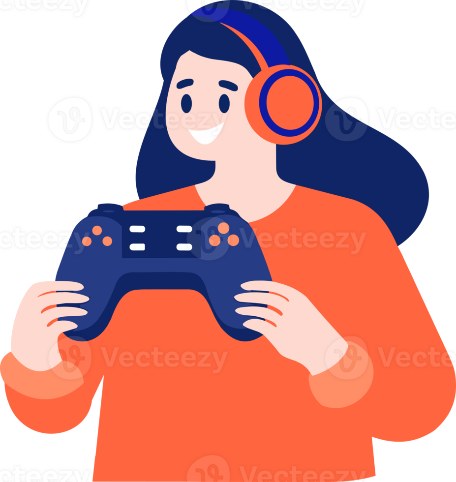 Hand Drawn child character playing game in flat style png