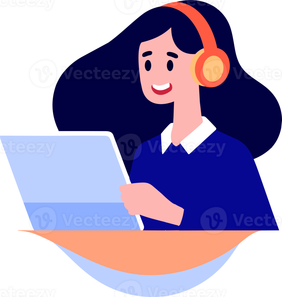 Hand Drawn Office worker with headphones in concept Support Center in flat style png