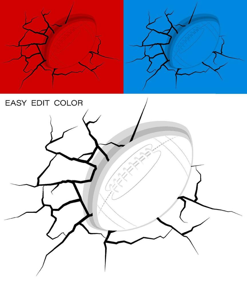 ball for American football hit wall powerfully and damaged, cracks on wall. Sports design element. Active lifestyle. Vector on white or color background with cracks
