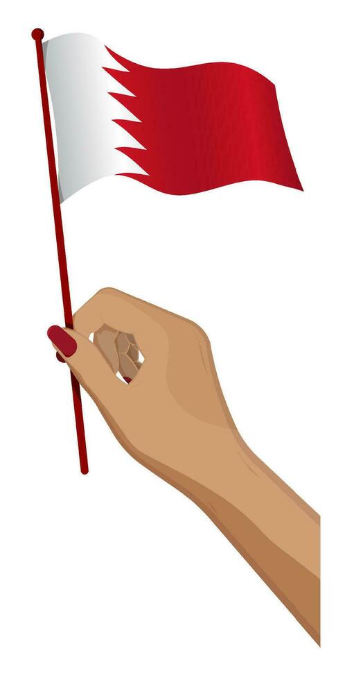 Female hand gently holds small Bahrain flag. Holiday design element. Cartoon vector on white background
