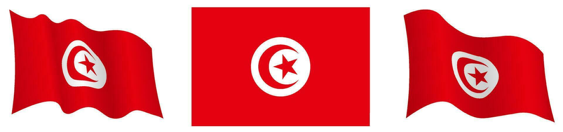 Republic of Tunisia flag in static position and in motion, fluttering in wind in exact colors and sizes, on white background vector