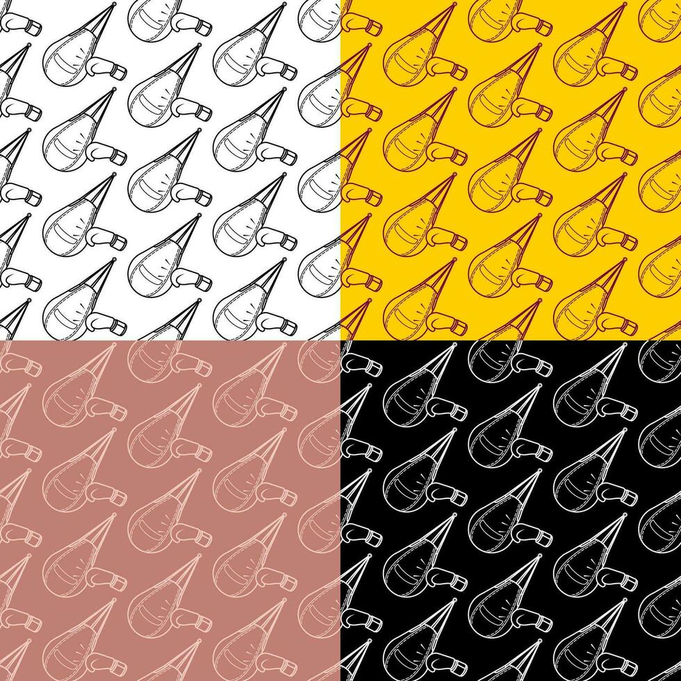 set of seamless patterns with sports boxing glove beats punching bag for sports training. Ornament for decoration and printing on fabric. Design element. Vector