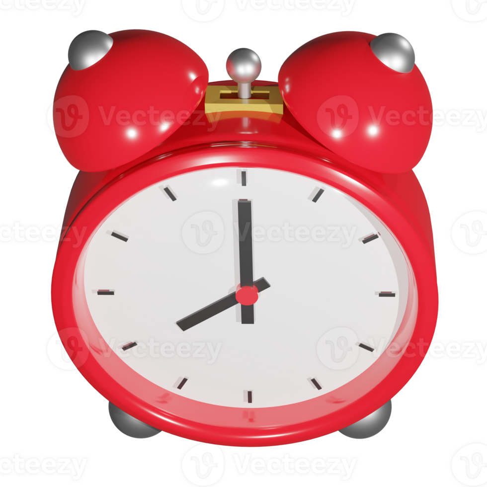 3D rendering of isometric red mechanical alarm clock with hour and minute hand. Wake up watch lifestyle, punctuality. Realistic PNG illustration isolated on transparent background