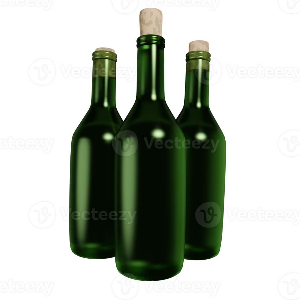 3d Rendern von einstellen von alt Grün Glas Flasche mit Kork Vorderseite Sicht. Sammlerstück Spirituosen und Wein. realistisch png Illustration isoliert auf transparent Hintergrund