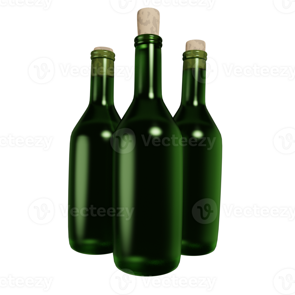 3D rendering of set of old green glass bottle with cork front view. Collectible spirits and wine. Realistic PNG illustration isolated on transparent background