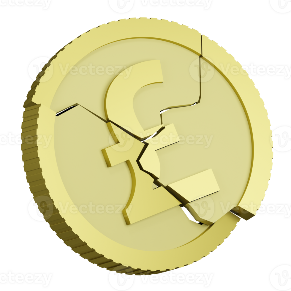 3D rendering of British pound coin with sign of British currency shattered into pieces falling apart. Depreciation of money, financial crisis. Realistic PNG illustration isolated on transparent back