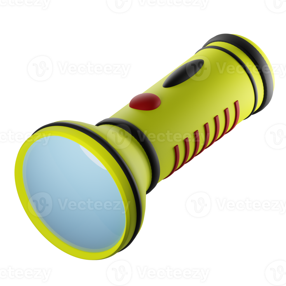 3D rendering of battery operated yellow camping torch, flashlight. Gear