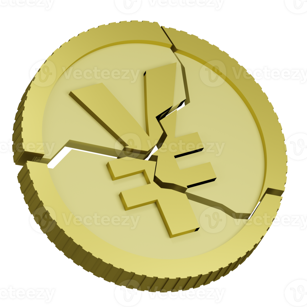 3D rendering of Japanese yen coin with sign of monetary unit of Japan shattered into pieces falling apart. Financial crisis. Realistic PNG illustration isolated on transparent background