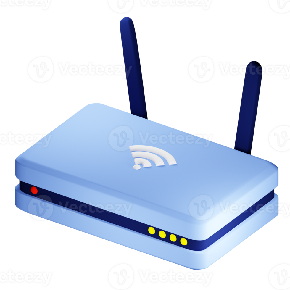 3D rendering of modern wireless wifi router. Transmission of communication signal in apartment and in office. Equipment for network. Realistic PNG illustration isolated on transparent background