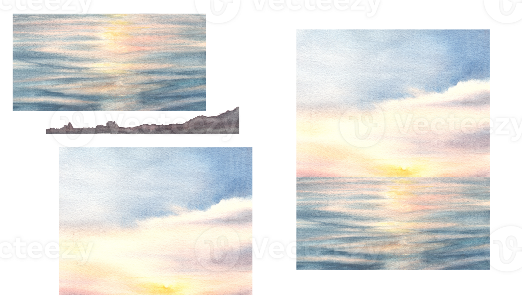 Romantic watercolor landscape illustration Set Colourful sunset on the sea with the cloud and reflection on the water. Hand drawn Design for cover page, banner, booklet, landing page png