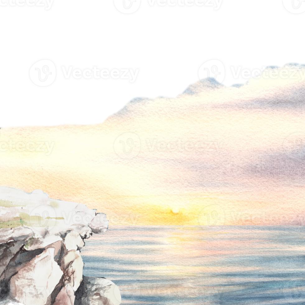 Romantic watercolor landscape illustration Set Colourful sunset on the sea with the cloud and reflection on the water. Hand drawn Design for cover page, banner, booklet, landing page png