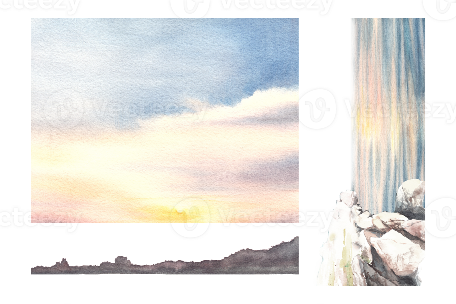 Romantic watercolor landscape illustration Set Colourful sunset on the sea with the cloud and reflection on the water. Hand drawn Design for cover page, banner, booklet, landing page png