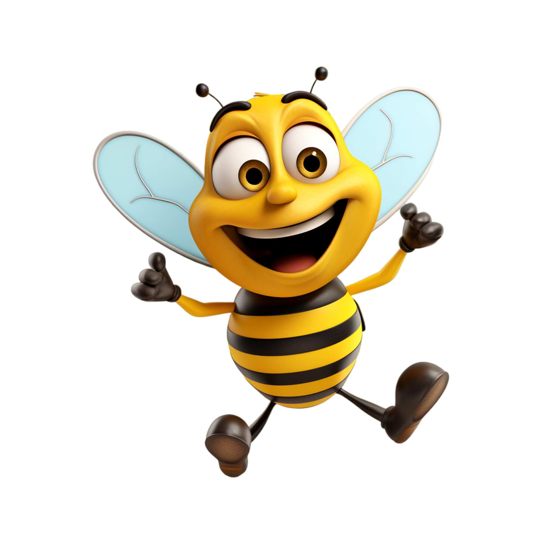 a cartoon bee with a happy face and arms, with one foot in the air and