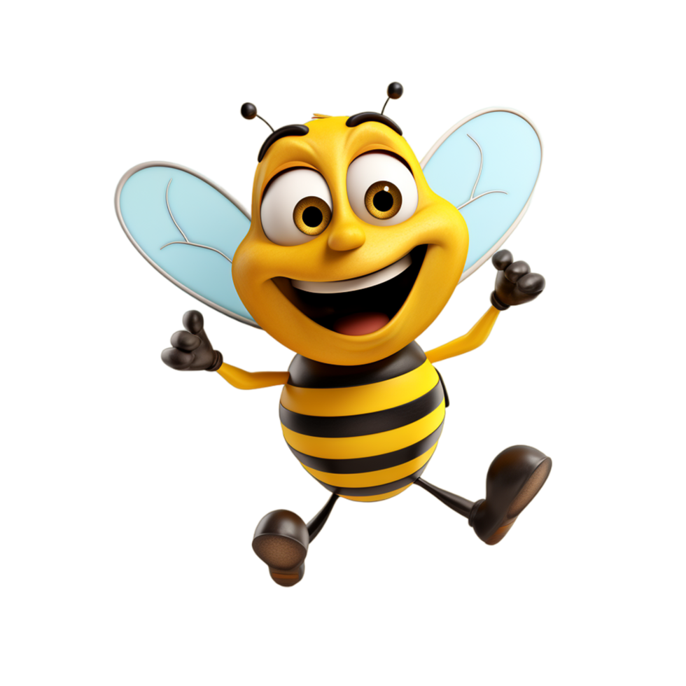 une dessin animé abeille avec une content visage et bras, avec un pied dans le air et un jambe dans le air, avec un jambe dans le air ai génératif png