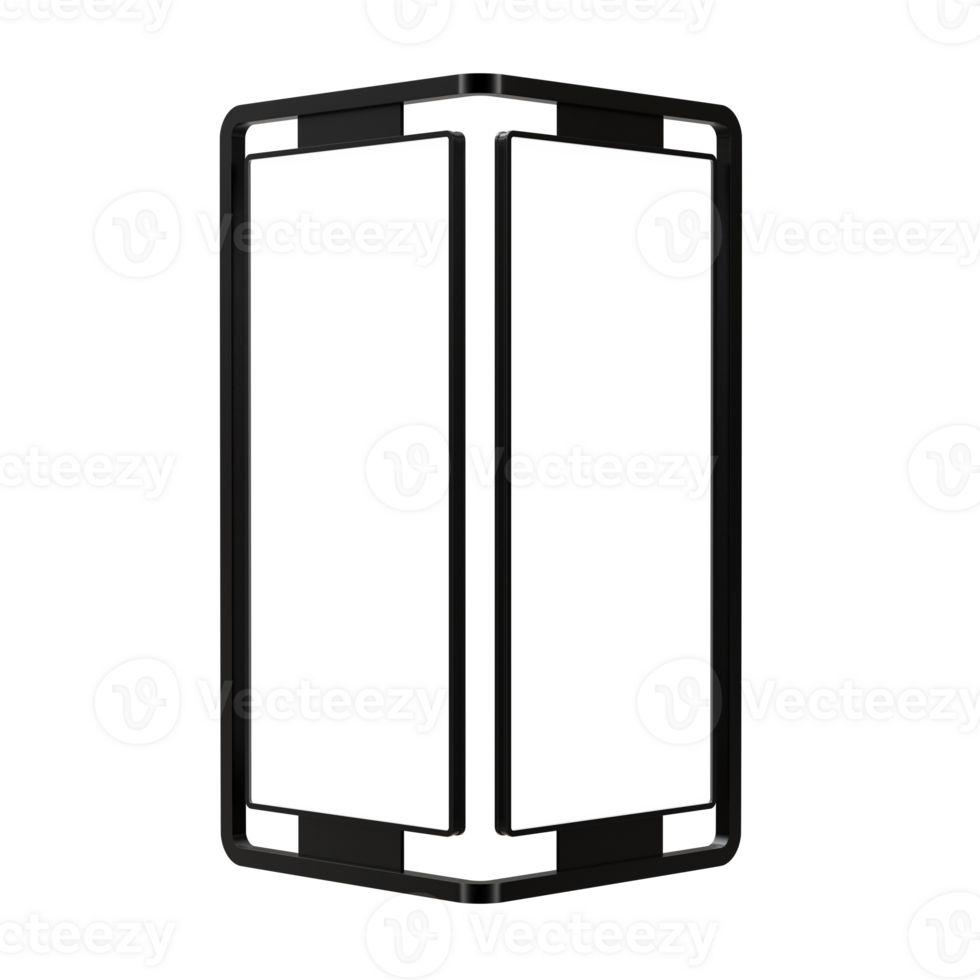 Two display blank advertisement signs. Mockup of street store template signboard , Metal cafe restaurant bar plastic badge black white, 3D illustration. png
