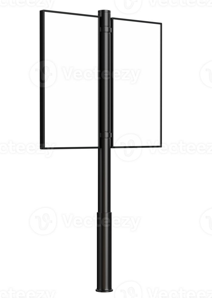 Two display blank advertisement signs. Mockup of street store template signboard , Metal cafe restaurant bar plastic badge black white, 3D illustration. png