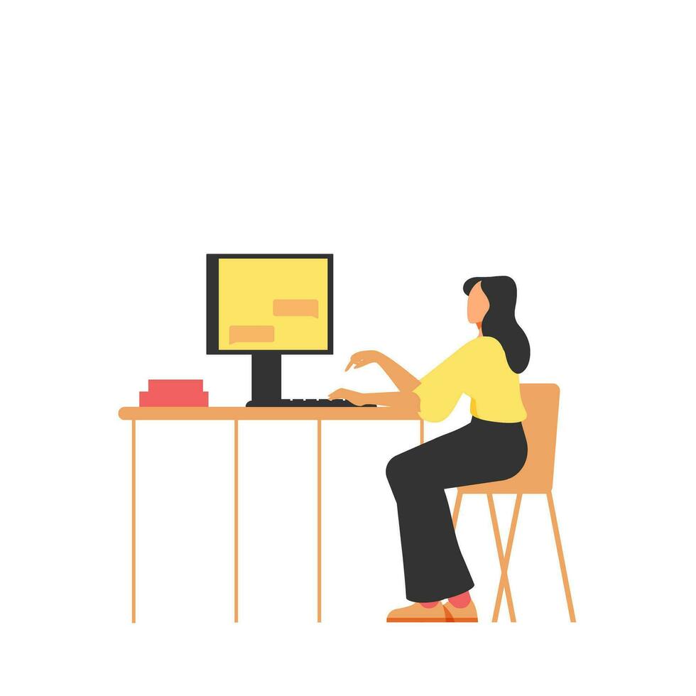 Young woman working on computer at home office vector Illustration on a white background