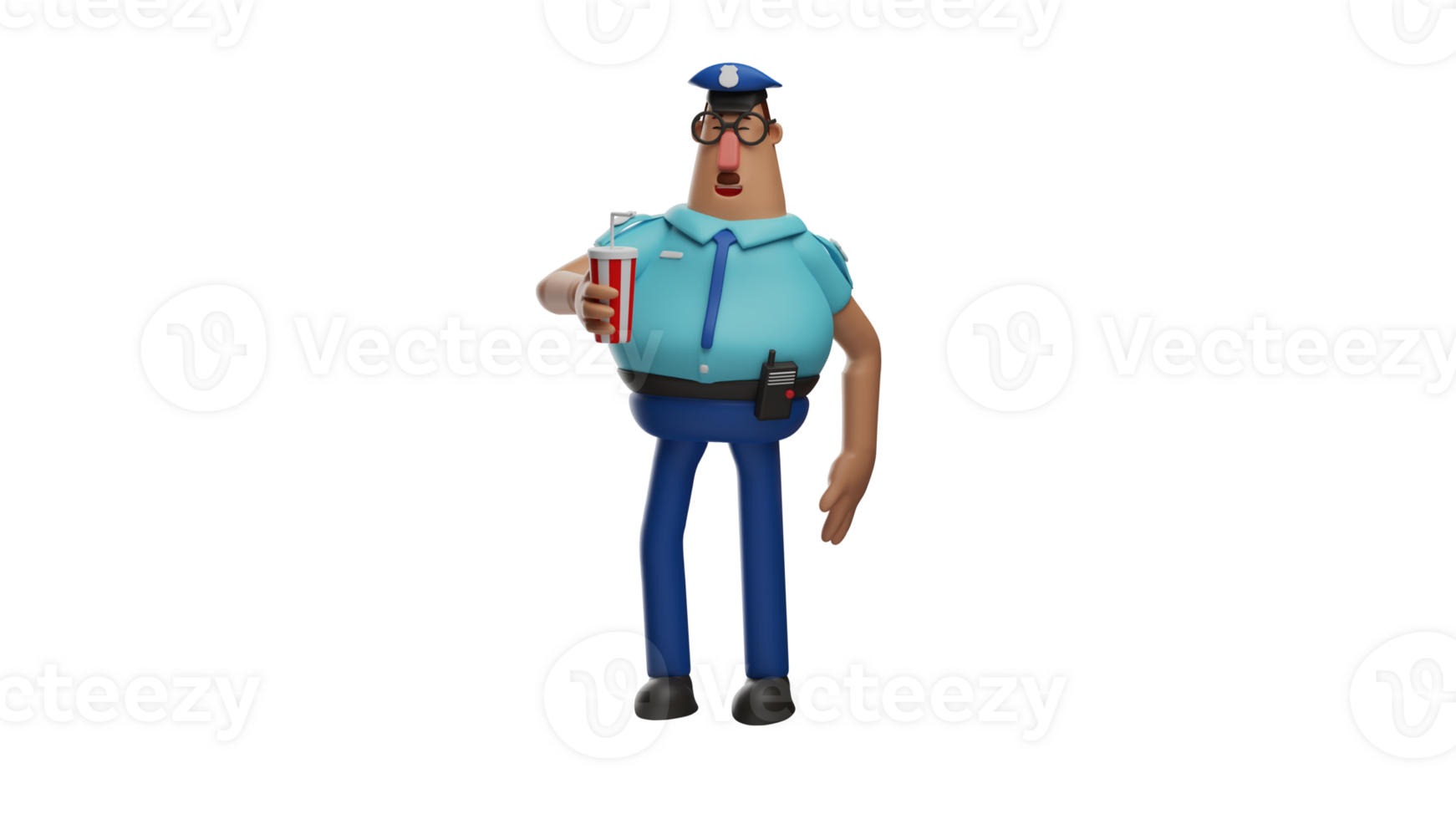 3D illustration. Adorable Police 3D cartoon character. Police wearing blue uniforms were standing relaxed and holding a glass of cold drink. Handsome policeman looks happy. 3D cartoon character png