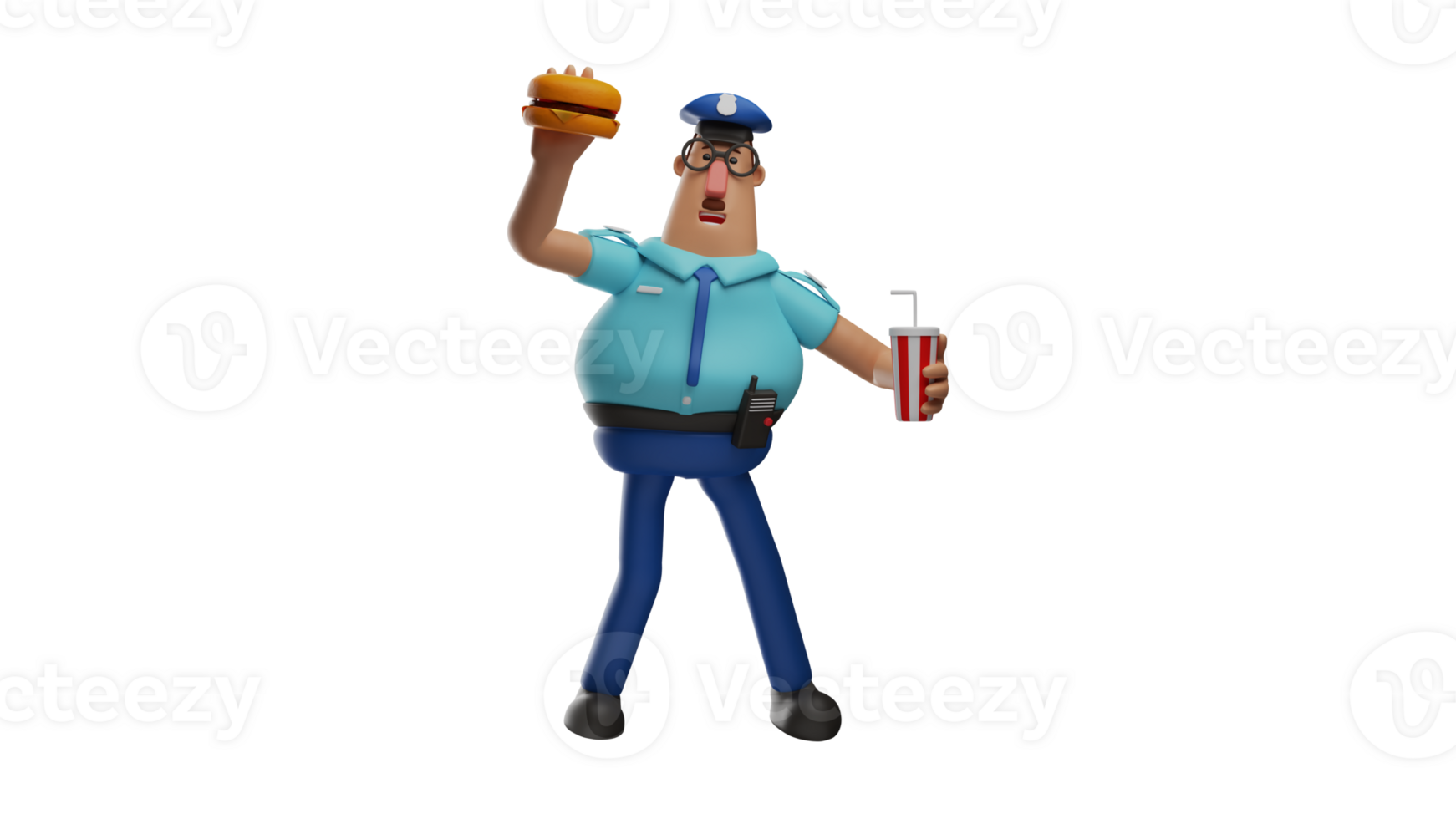 3D illustration. Happy Police 3D cartoon character. Police stood holding soda drinks and burgers. The police smiled while showing his happy face. 3D cartoon character png