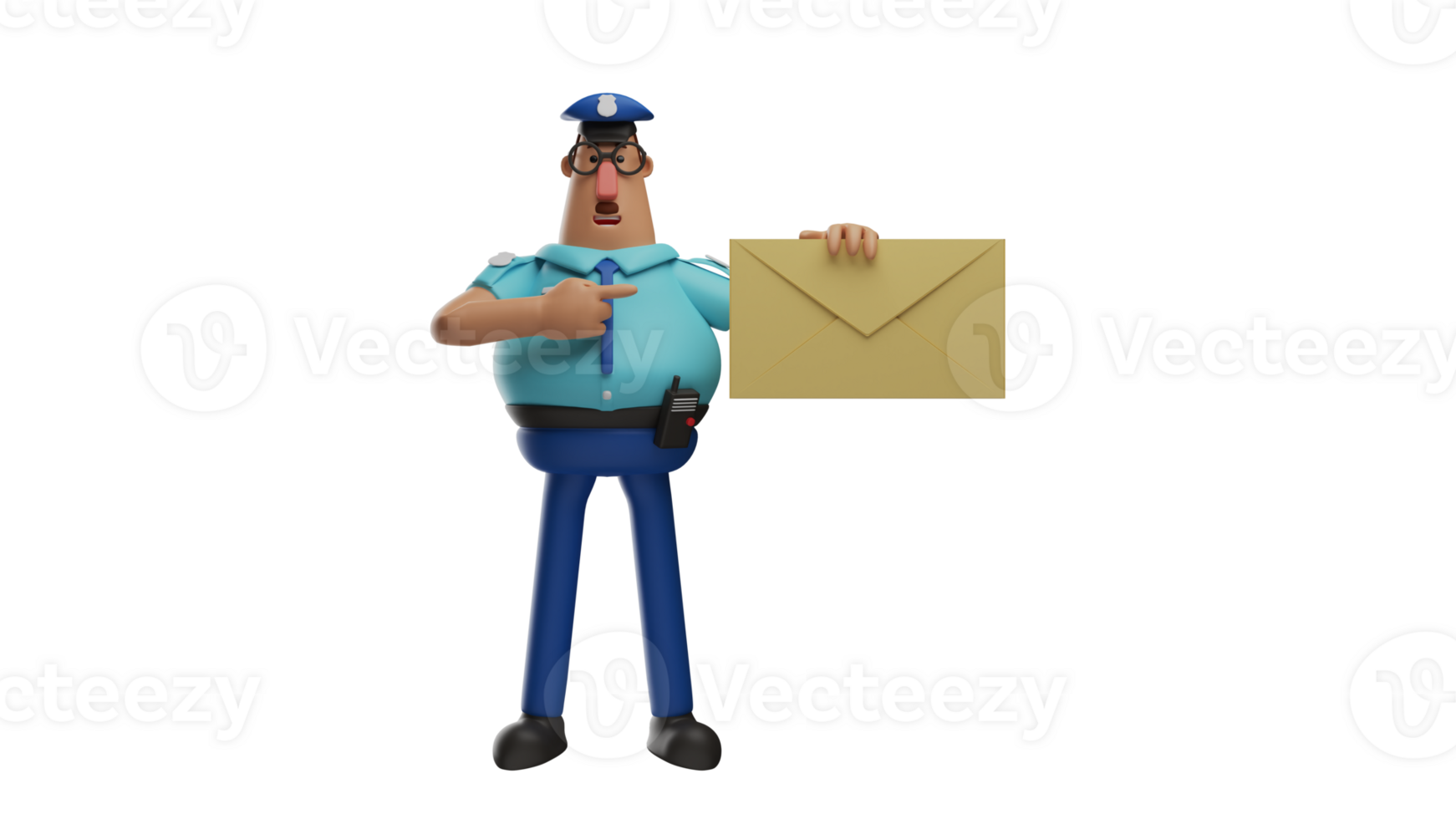 3D illustration. Policeman 3D cartoon character. Policeman stood up and pointed to the brown envelope he had gotten. Exemplary police succeeded in obtaining evidence of the crime. 3D cartoon character png