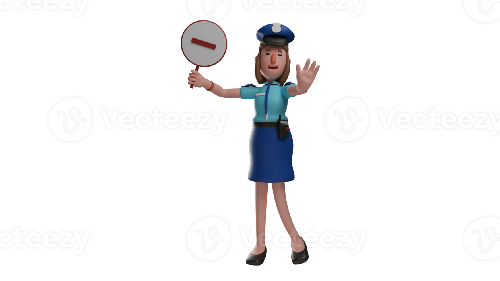 3D illustration. Cute Police 3D cartoon character. A police woman stops someone by extending her hand forward. Police woman carry traffic signs that mean stop. 3D cartoon character png