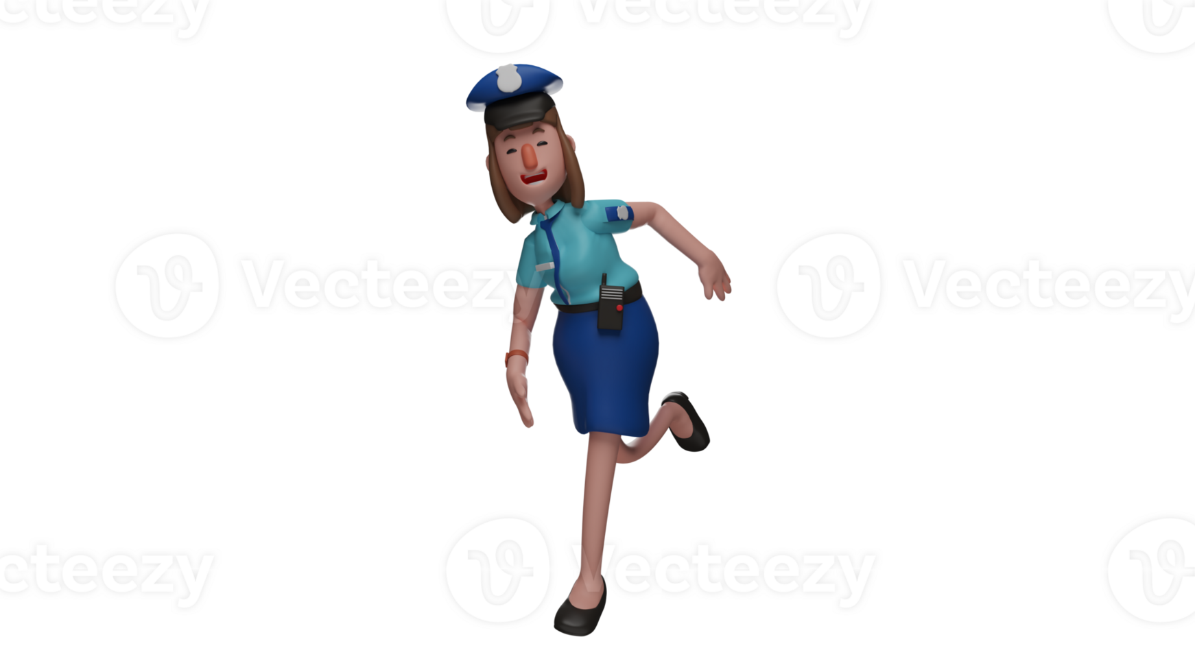 3D illustration. Police woman 3D cartoon character. Beautiful policewoman is running after something. A police woman officer who shows a sweet smile. 3D cartoon character png