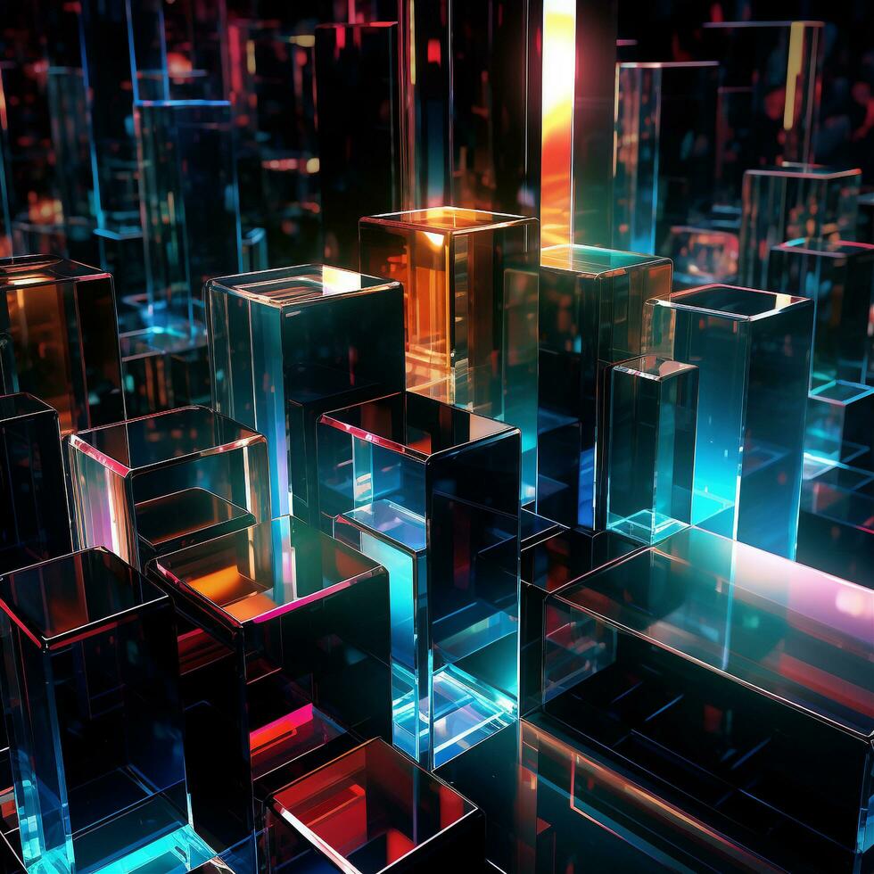 Neon cubes background 3D Abstract background Futuristic neon city background colorful cubes background 3D Square background Tech background Tech city background Tech universe AI generated photo
