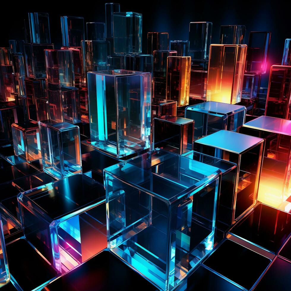 Neon cubes background 3D Abstract background Futuristic neon city background colorful cubes background 3D Square background Tech background Tech city background Tech universe AI generated photo
